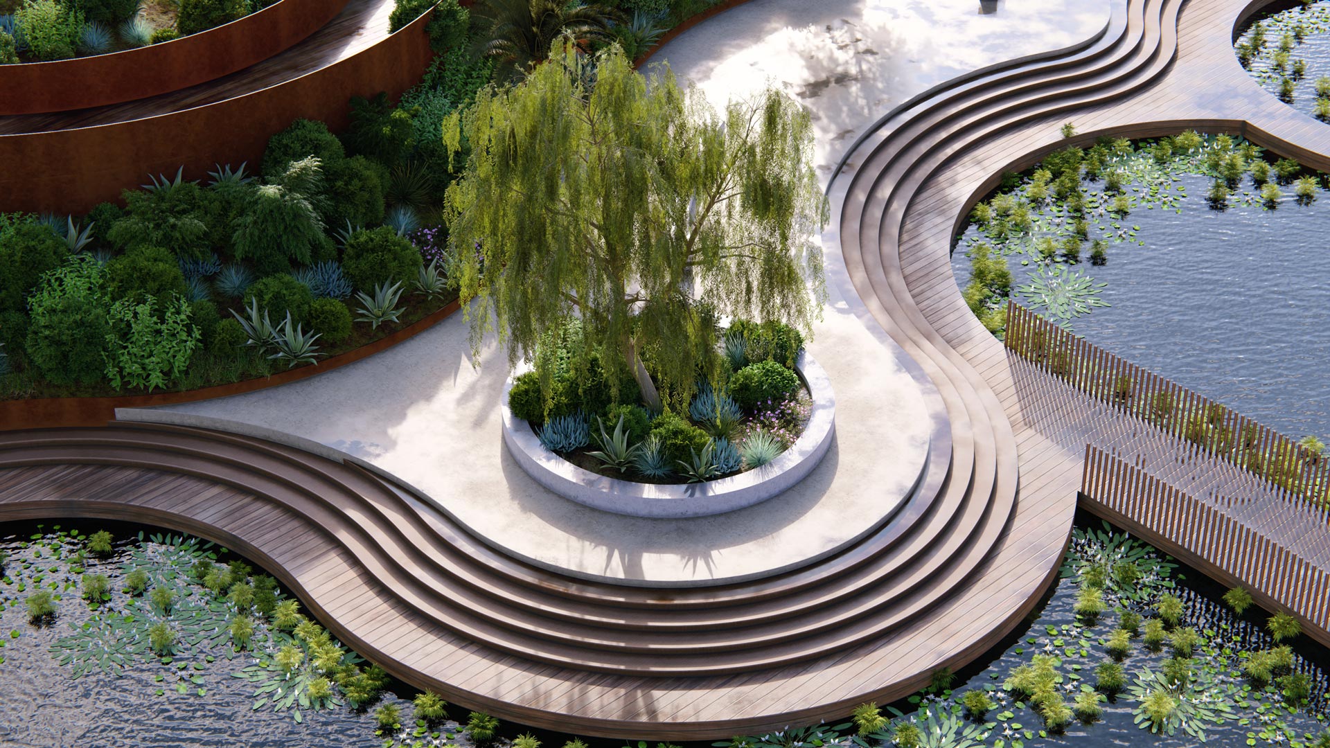Thoughtfully designed garden with layered greenery, natural textures, and a welcoming outdoor layout