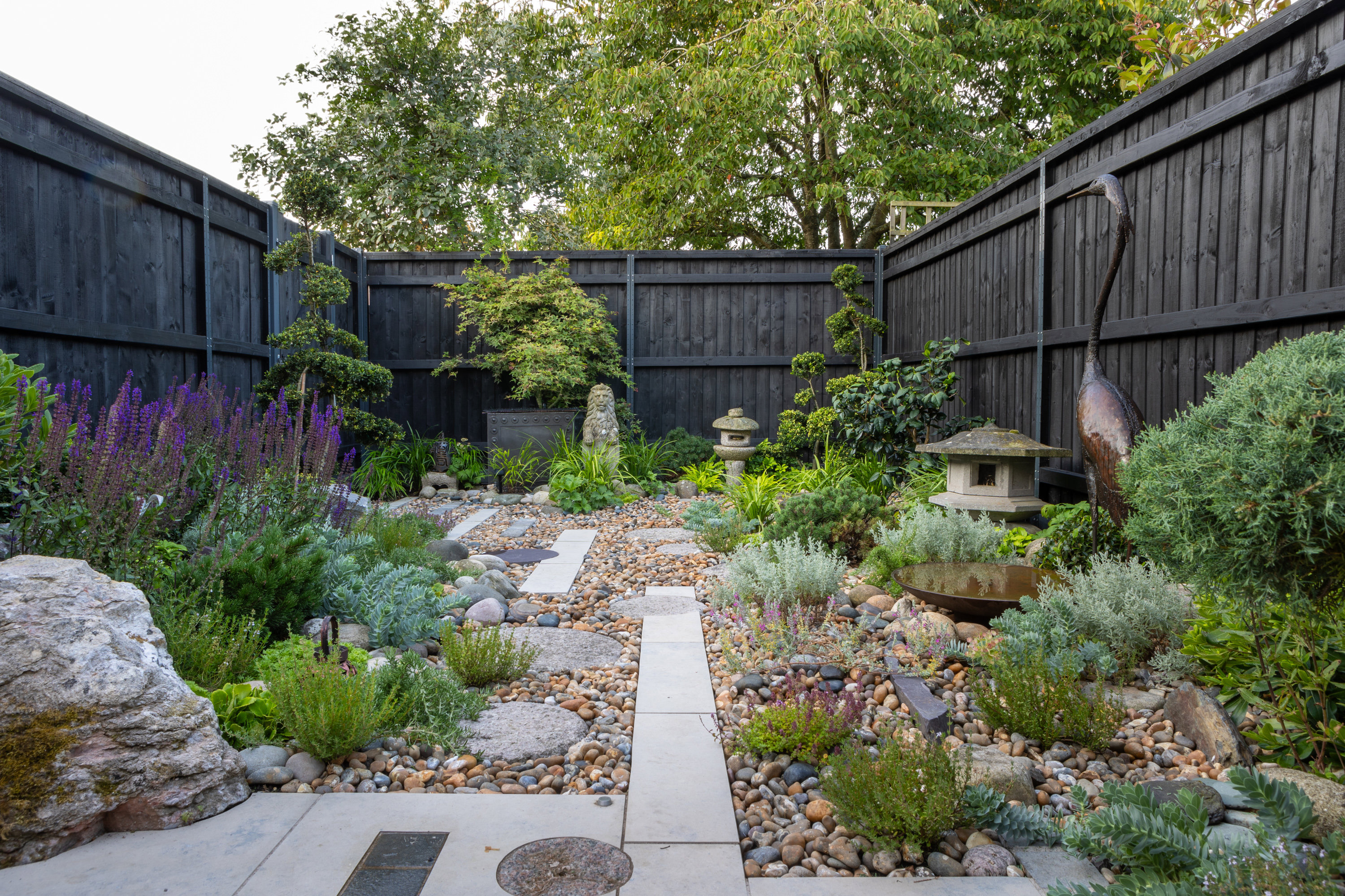 Curated outdoor garden with sculptural plants and a harmonious landscape composition
